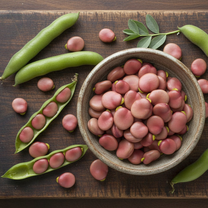Pink Broad Beans beans on a wooden surface
