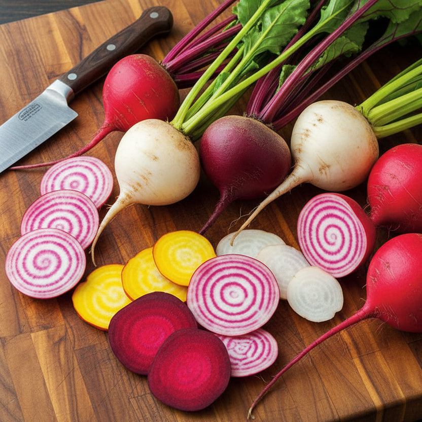Rainbow Beetroot on a wooden chopping board