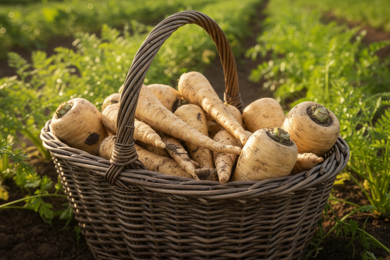 Zoom in closer to the basket of parsnips, less background