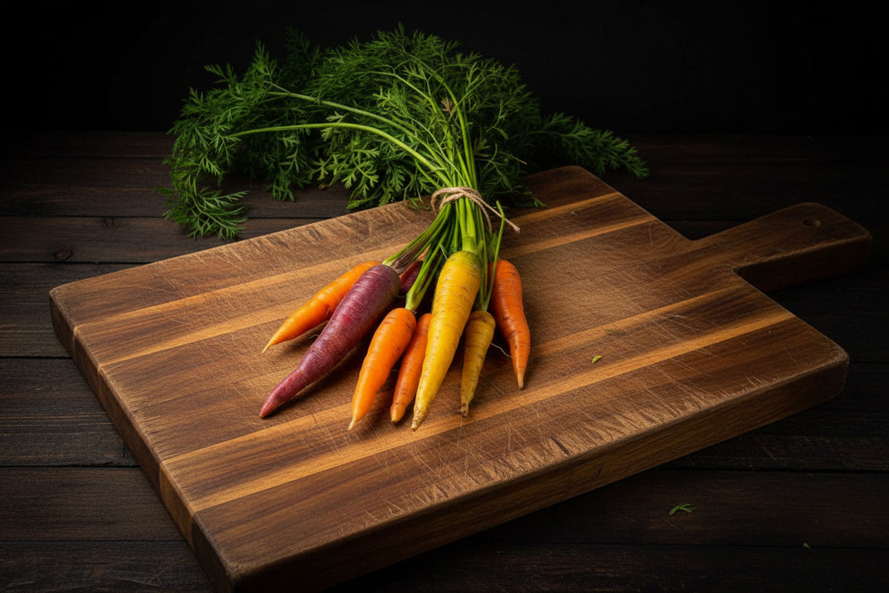 Bunch of carrots with green tops on a wooden surface
