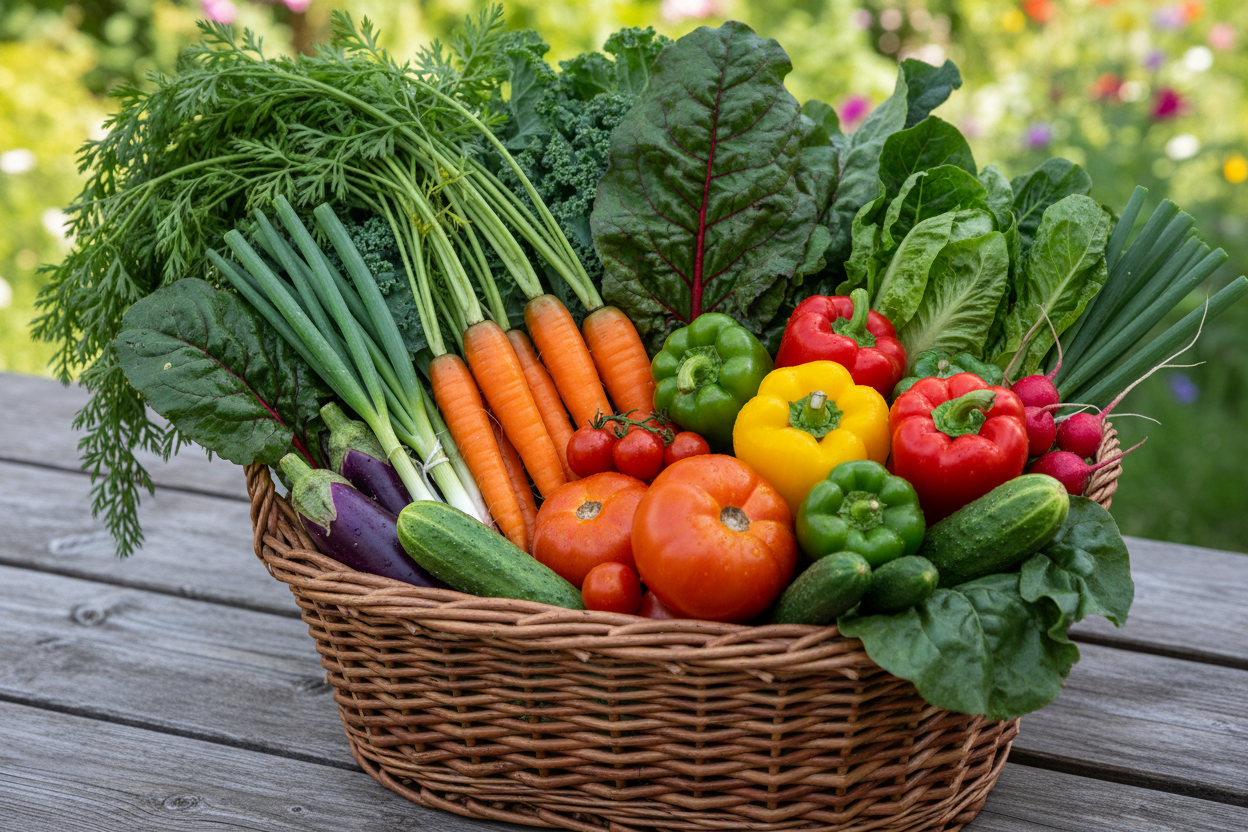 a basket of mixed vegetables, freshly harvested