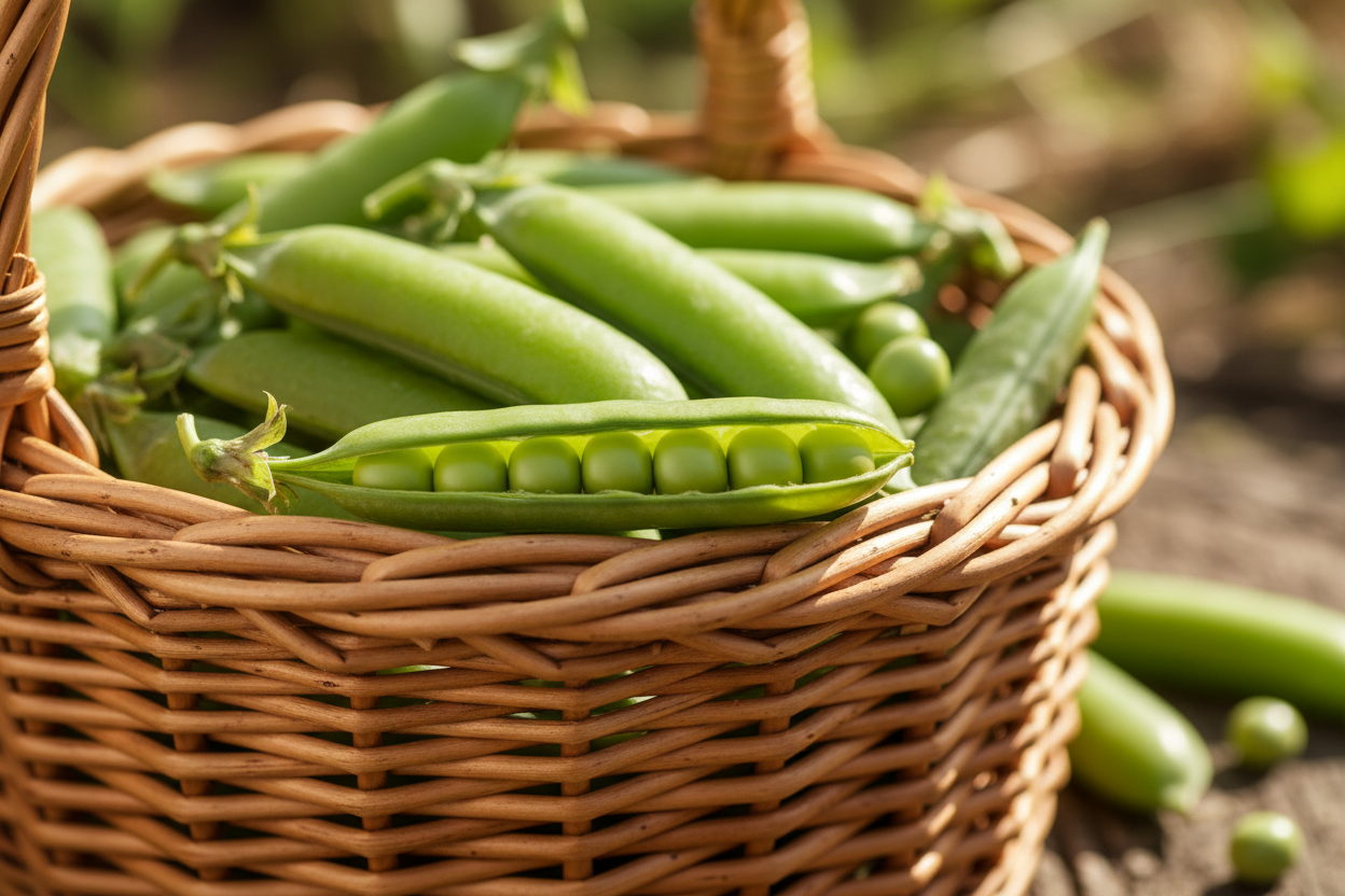 a-basket-of-peas-in-pods-set-in-a-field, zoom in on basket and peas, less background