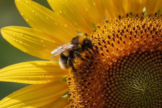 a bee taking nectar from a sunflower, zoomered in close