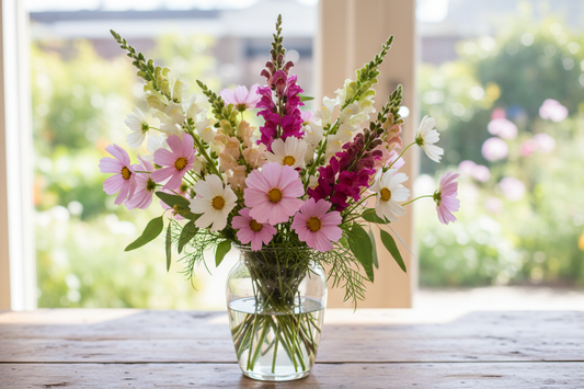 A vase of cut flowers, including cosmos and snapdragons