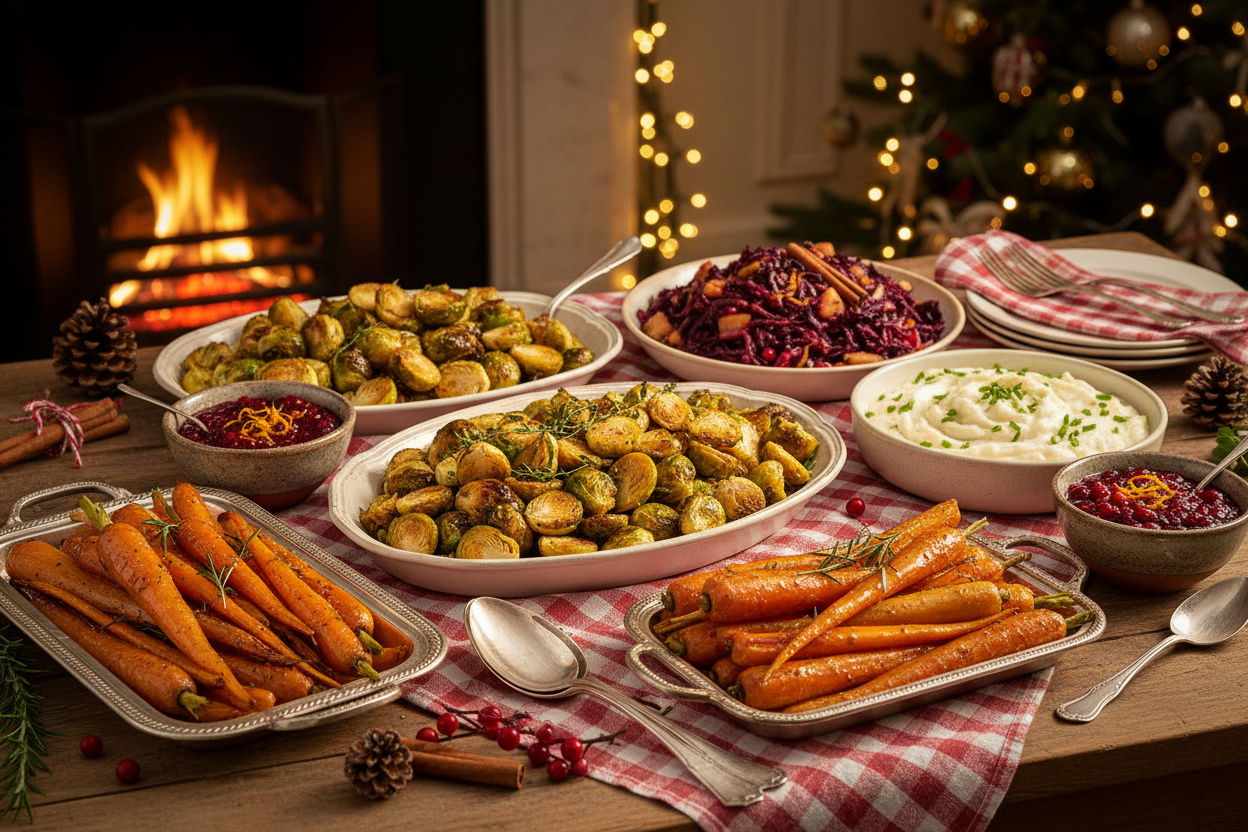 Christmas Dinner - sprouts, red cabbage, celeriac, parsnips, carrots, cranberry sauce to feature